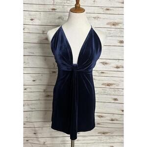 Cotton Candy LA dark blue goth halter draped front velvet mini dress Size Small